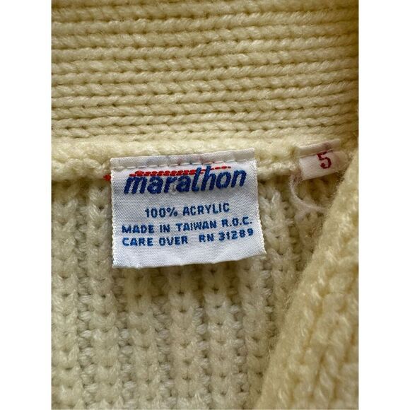 Marathon cream button up grandpa vintage 70s knit unisex kids cardigan sweater - Picture 2 of 5